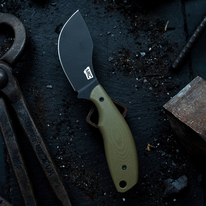Montana Knife Company's PACKOUT SKINNER features a PVD-coated blade and olive green handle, ideal for outdoor use.