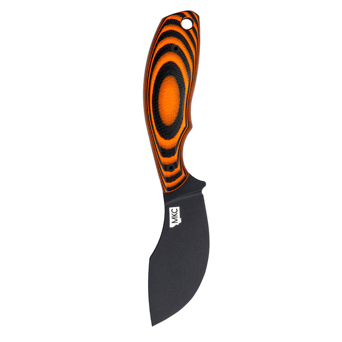 Montana Knife Company's PACKOUT SKINNER features a black blade and an orange and black patterned handle, designed for outdoor use.