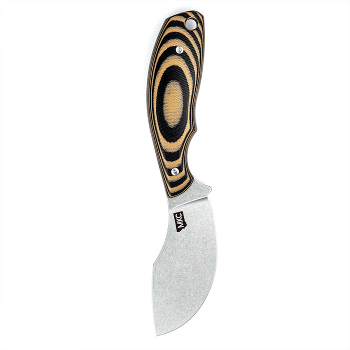 Tan and black PACKOUT SKINNER knife with a curved blade and ergonomic handle, designed for hunting and outdoor use.