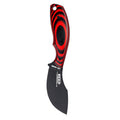 Red and black PACKOUT SKINNER PVD knife with a curved blade and textured handle, designed for outdoor use.