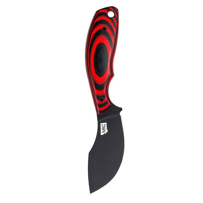 PACKOUT SKINNER PVD in red and black, featuring a curved blade and ergonomic handle, designed for outdoor and hunting use.