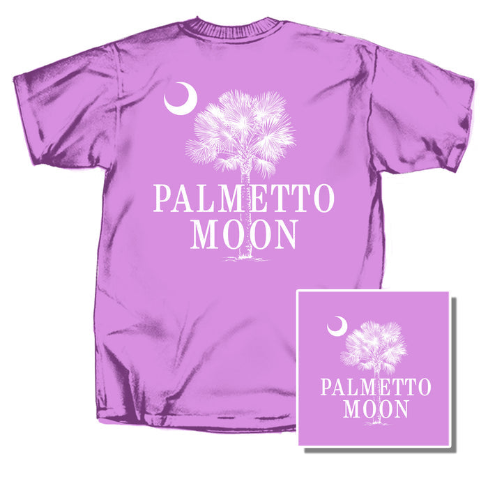 Purple t-shirt with 'Palmetto Moon' design on a white background