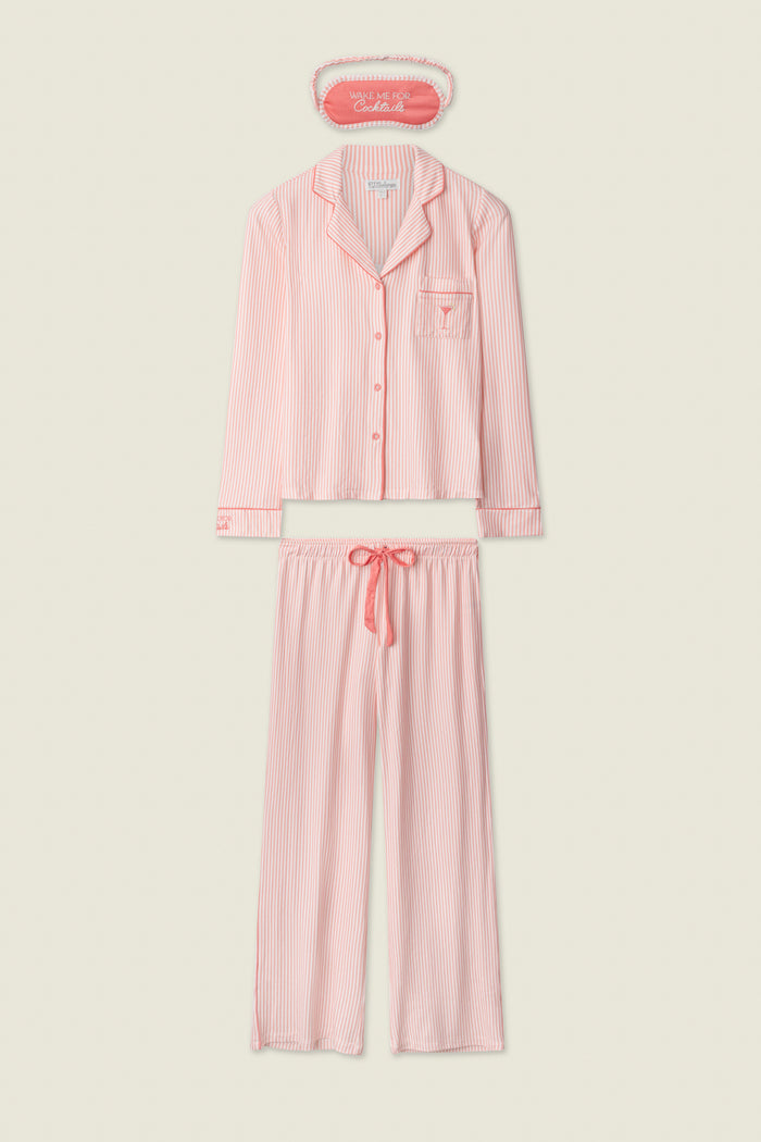 The P.J. Salvage Paloma Mama Sweet Stripes Long 3-Piece PJ Set includes a pink and white striped button-up long-sleeve shirt, drawstring pants, and a sleep mask, all shown against a plain background.
