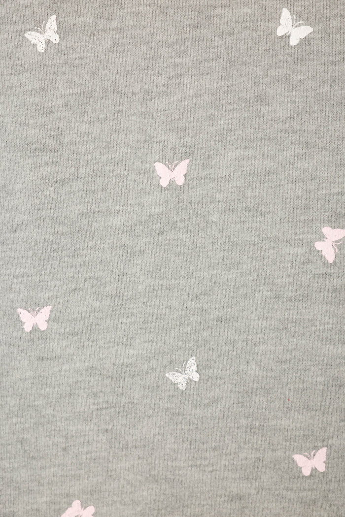 The Peachy Mix & Match Butterfly Kisses Shorts by P.J. Salvage are heather grey sleep shorts in soft, ribbed jersey fabric with a pink and white butterfly print.