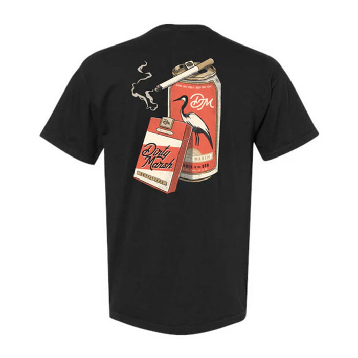 Dirty Marsh black short sleeve t-shirt with a back graphic of a beer can, cigarette pack labeled "Per Diem," and smoking cigarette. Vintage, gritty design.