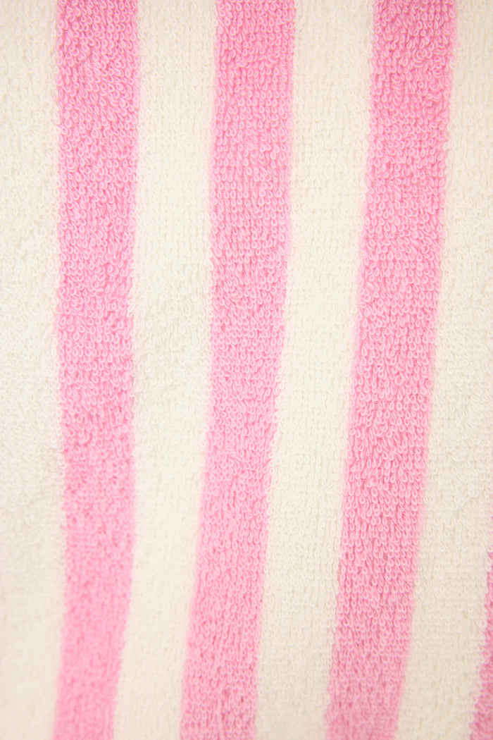 Close-up of the Playful Terry Out Of Office Robe by P.J. Salvage, featuring soft textured fabric with alternating pink and white vertical stripes, reminiscent of cozy cotton towel terry.