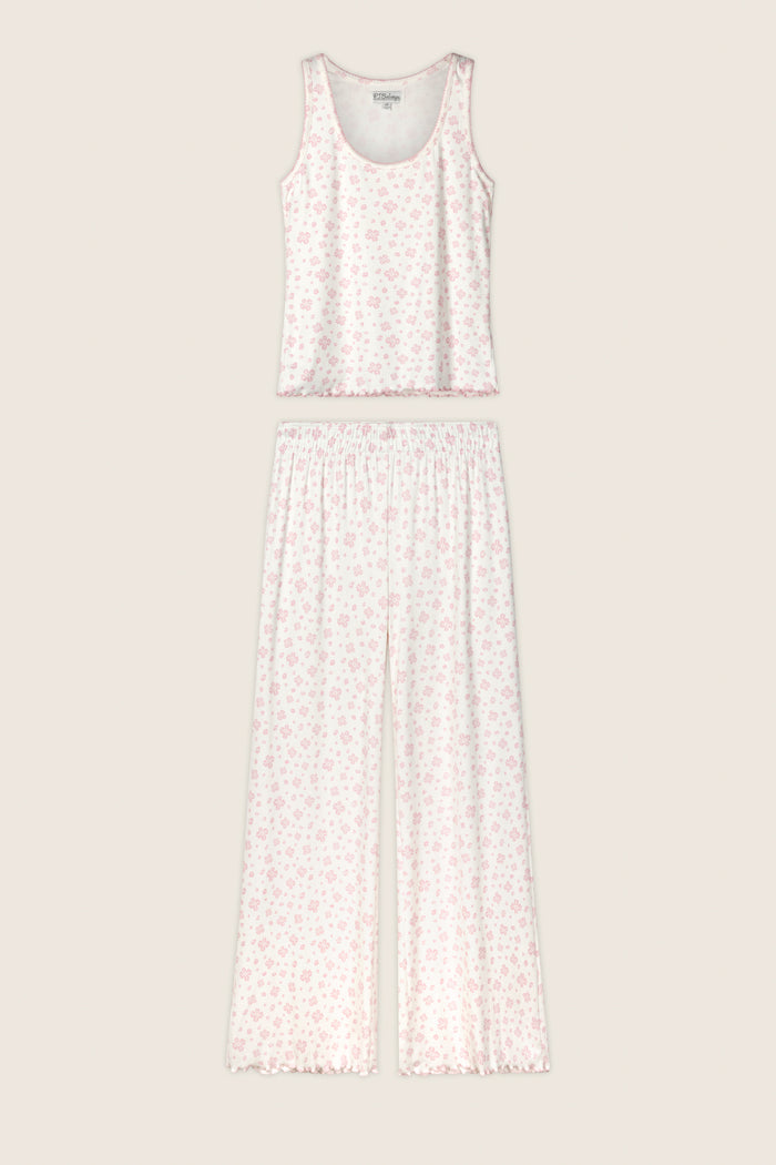 The Pretty Petals Sweet Pink Floral Print Long PJ Set by P.J. Salvage features a sleeveless tank top and wide-leg pants in white with a light pink floral pattern, displayed flat on a beige background.