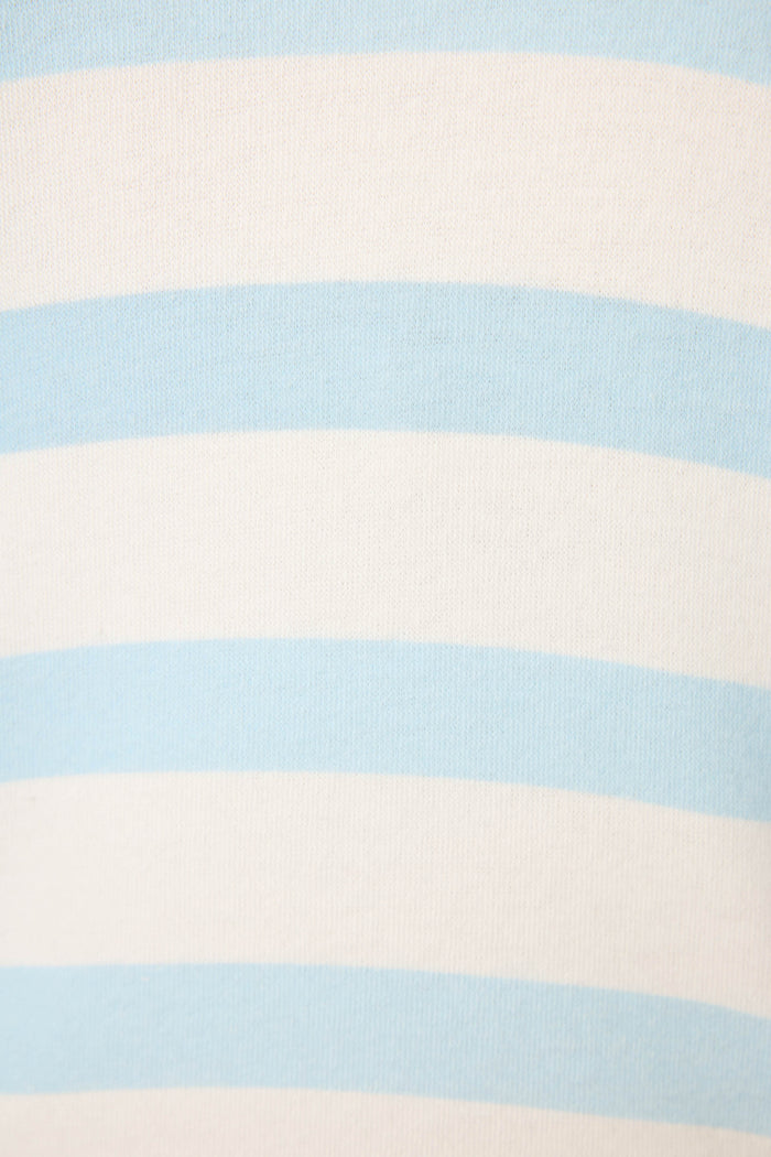A close-up of the Pupcation Palms Ocean Stripe Quarter Zip Pullover Sweater by P.J. Salvage, crafted from vintage French terry fabric.