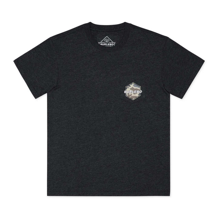 Front of Burlebo Heather black t-shirt with a camo plate logo on the front pocket.