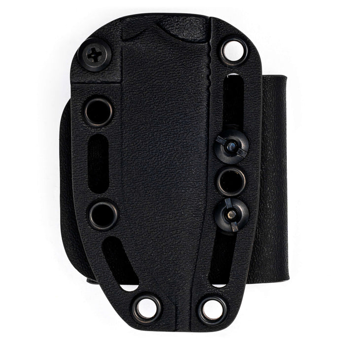 Kydex sheath for the ROCKER knife, featuring a durable design with multiple mounting options for secure attachment.