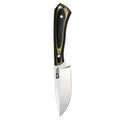 Rocker knife with a green and black handle and a curved stainless steel blade, designed for outdoor and hunting use.