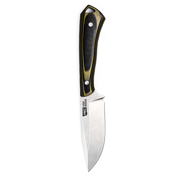Rocker knife with a green and black handle and a curved stainless steel blade, designed for outdoor and hunting use.