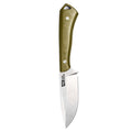 Olive green fixed-blade knife with a curved blade and textured handle, designed for outdoor and hunting use.