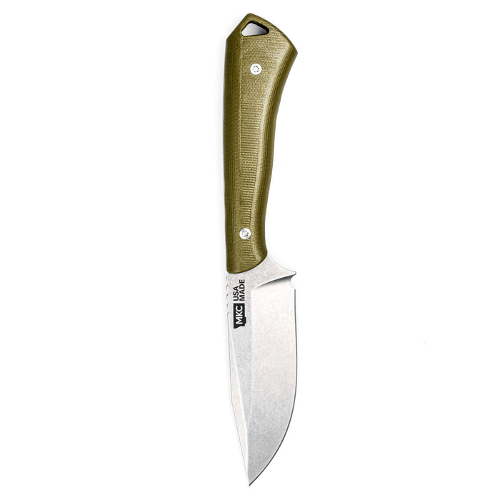 Olive green fixed-blade knife with a curved blade and textured handle, designed for outdoor and hunting use.