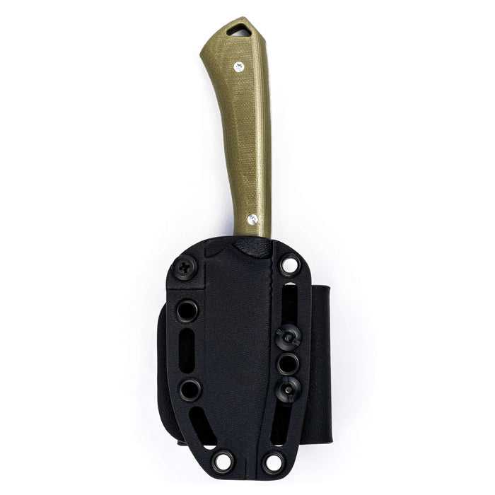 Olive green fixed-blade knife with a textured handle, housed in a black sheath for secure storage and transport.