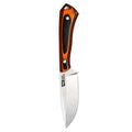 ROCKER knife featuring an orange and black handle with a curved blade, designed for outdoor and hunting use.