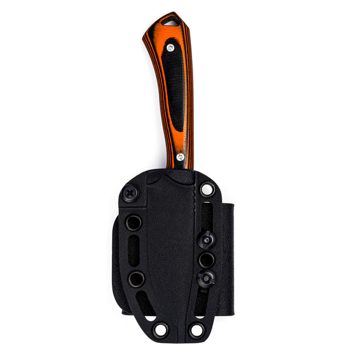 Rocker knife in orange and black with a durable sheath, designed for outdoor and tactical use. Ideal for hunters and professionals.