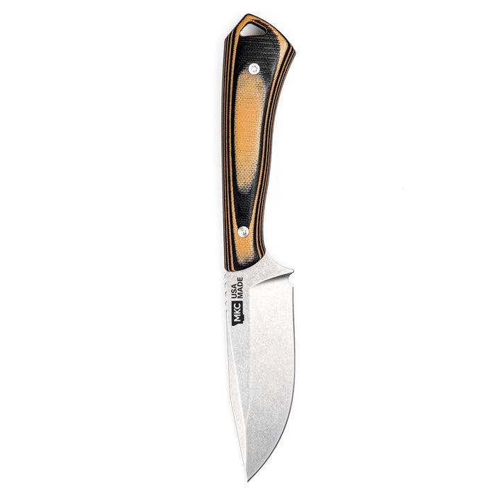 Tan and black fixed-blade knife with a curved blade and ergonomic handle, designed for outdoor and hunting use.