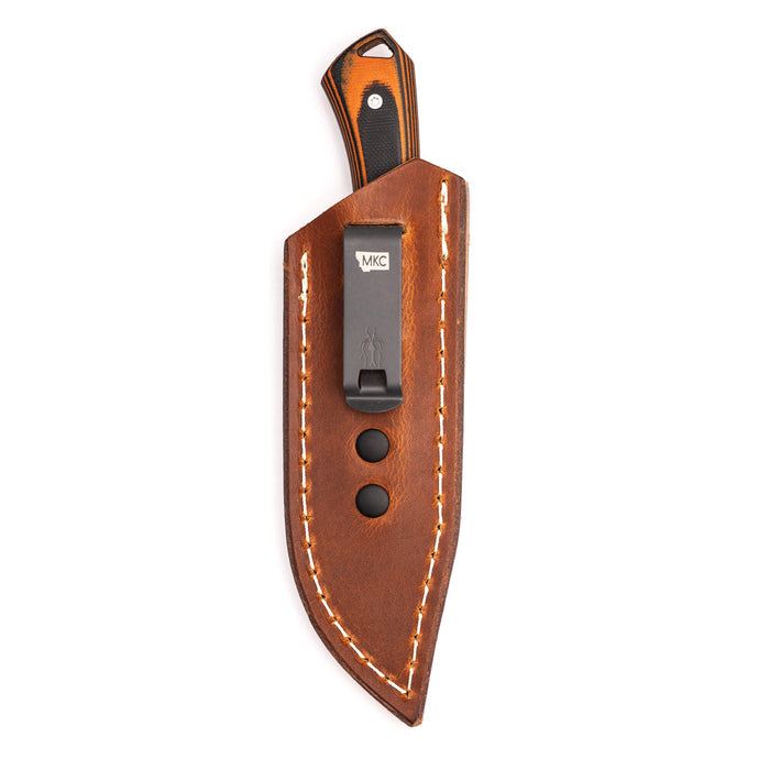 Rocker leather sheath designed for concealed pocket carry, featuring a sleek brown finish and secure clip.