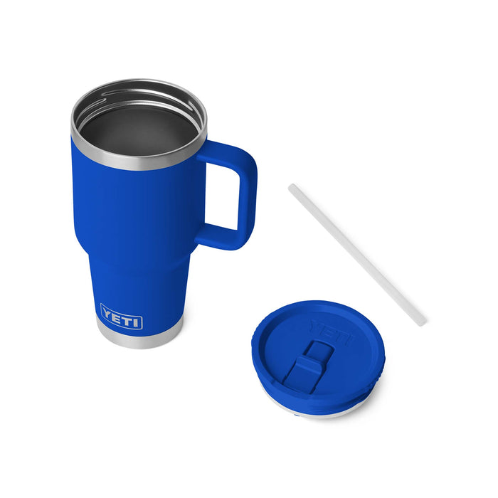 Yeti Royal Blue Rambler 30oz Travel Mug with handle shown on a white background.