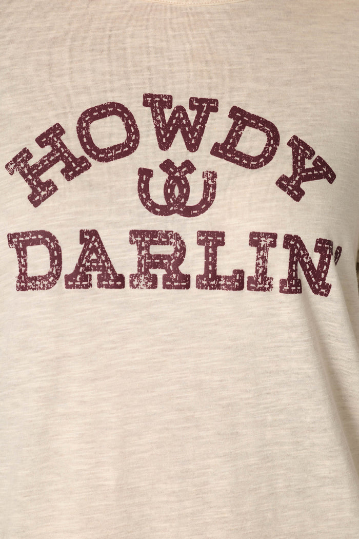 The P.J. Salvage Saddle Up Howdy Darlin Nightshirt features beige fabric with distressed maroon “HOWDY DARLIN” text and a small horseshoe graphic between the words.
