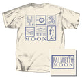 Beige t-shirt with blue graphic design and 'Palmetto Moon' text on a white background