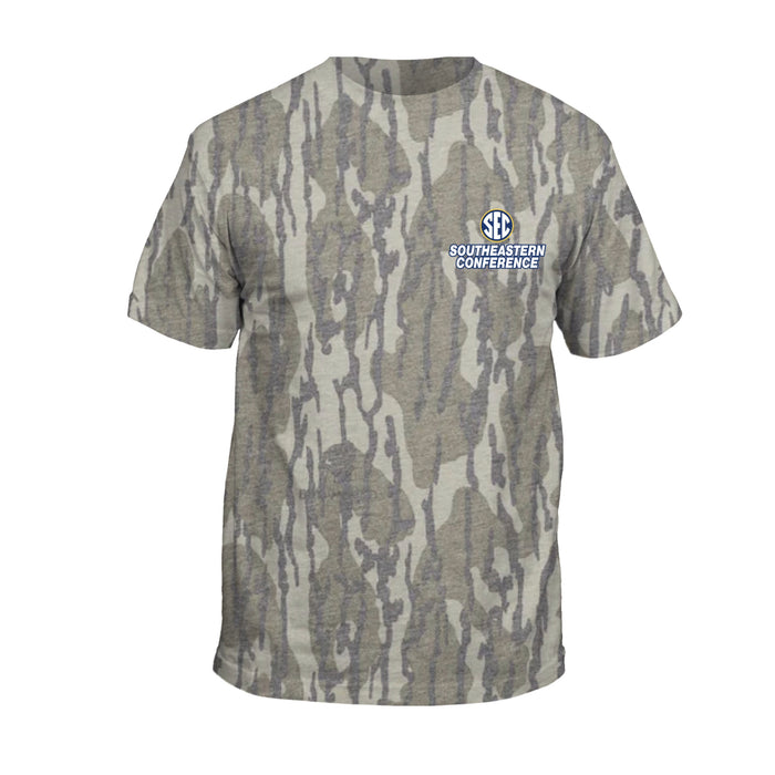 Camo print short sleeve t-shirt with SEC logo on front left chest shown on a white background.