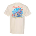 Dirty Marsh Outfitters Skelly On Da Beach Short Sleeve T-Shirt, sizes S-XXL, 100% cotton. Back of ivory t-shirt with a cartoon skeleton relaxing in a beach chair, smoking, under “Dirty Marsh” text.