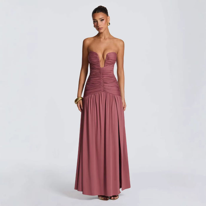 Solid Color Strapless High Slit Ruched Slim Fit Dress