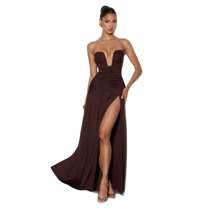 Solid Color Strapless High Slit Ruched Slim Fit Dress