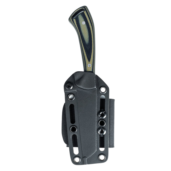 STOCKYARD knife with a green and black handle in a black sheath, designed for outdoor and tactical use.