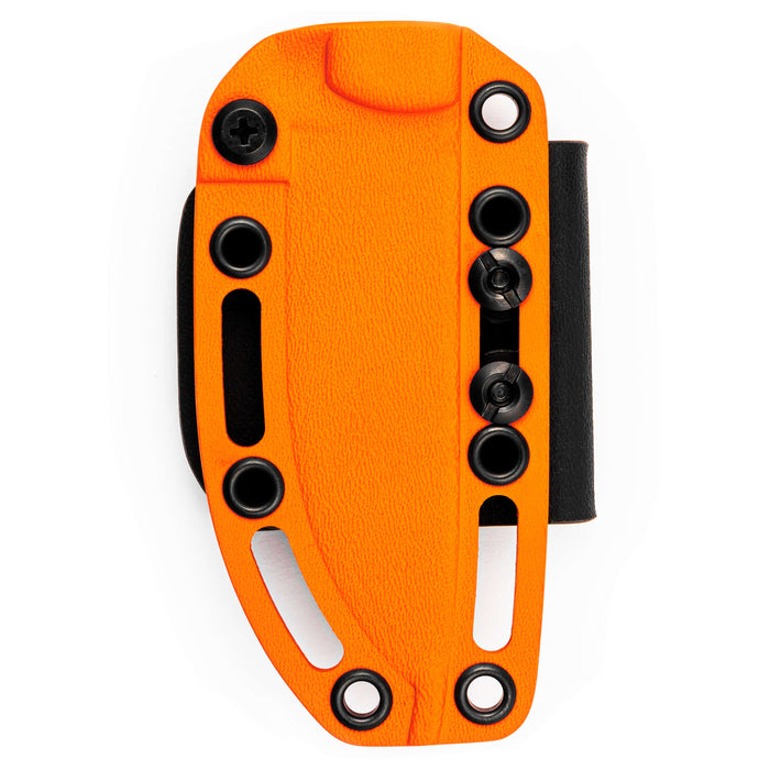 Orange Kydex sheath for the Stoned Goat 2.0 knife, featuring multiple attachment points for secure carry.