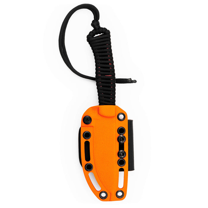 Orange Kydex sheath for the Stoned Goat 2.0 knife, featuring a secure design and paracord handle for easy carry.