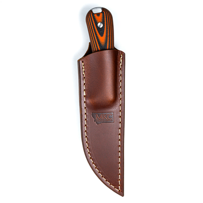 Vertical leather sheath for knives featuring a brown finish and MKC logo, designed for belt carry.