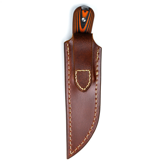 Vertical leather sheath for Stubhorn knife, featuring brown leather with stitched detailing and a secure belt carry design.