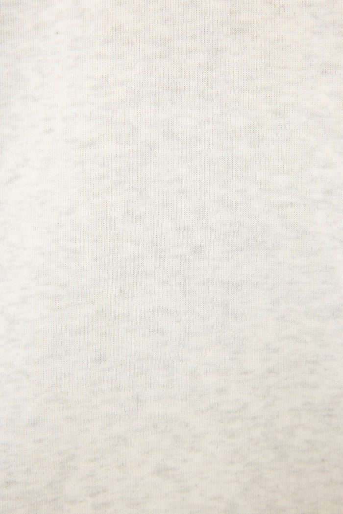 A close-up of the Sunday Funday Boucle "Sundays" Sweatshirt by P.J. Salvage highlights its soft, light grey heathered knit—showcasing a cozy textured fabric ideal for relaxed comfort.