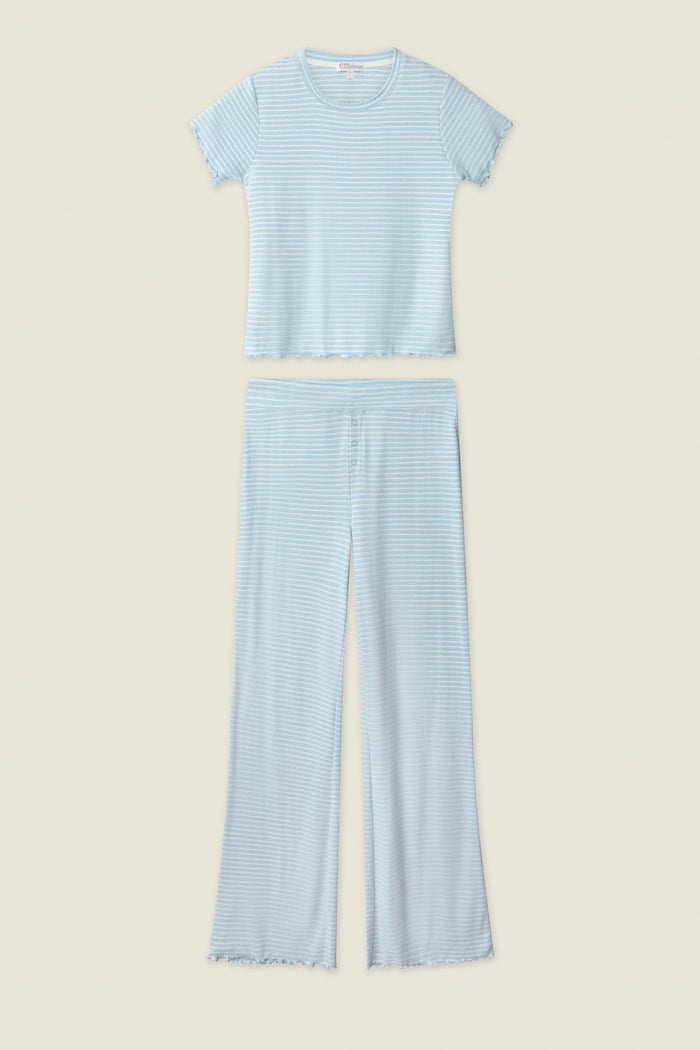 The Sweet Stripes Morning Blue Long Lounge Set by P.J. Salvage features a vintage-inspired blue striped short-sleeve crew-neck top and wide-leg pants with subtle ruffle trim, displayed flat on a neutral background.