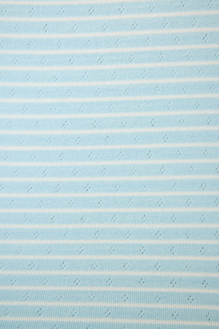 The Sweet Stripes Morning Blue Long Lounge Set by P.J. Salvage features light blue fabric with thin white horizontal stripes and a subtle texture, creating a soft, vintage-inspired look perfect for cozy lounging.