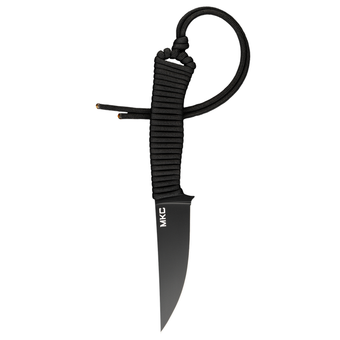 Tactical Speedgoat knife with a black blade and black paracord handle, designed for tactical use and outdoor activities.