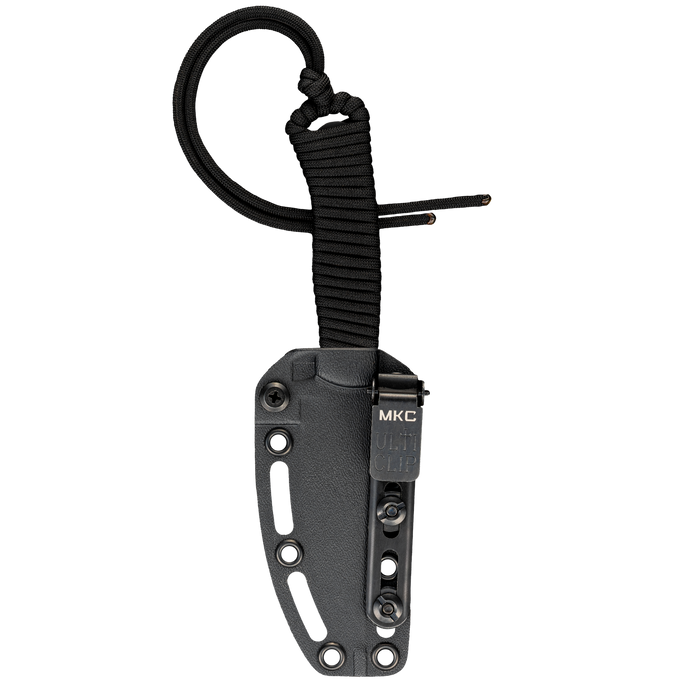 Tactical Speedgoat knife in black with a durable sheath and paracord lanyard, designed for tactical use.