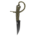 Tactical Speedgoat knife with a black blade and dark camo paracord handle, designed for outdoor and tactical use.