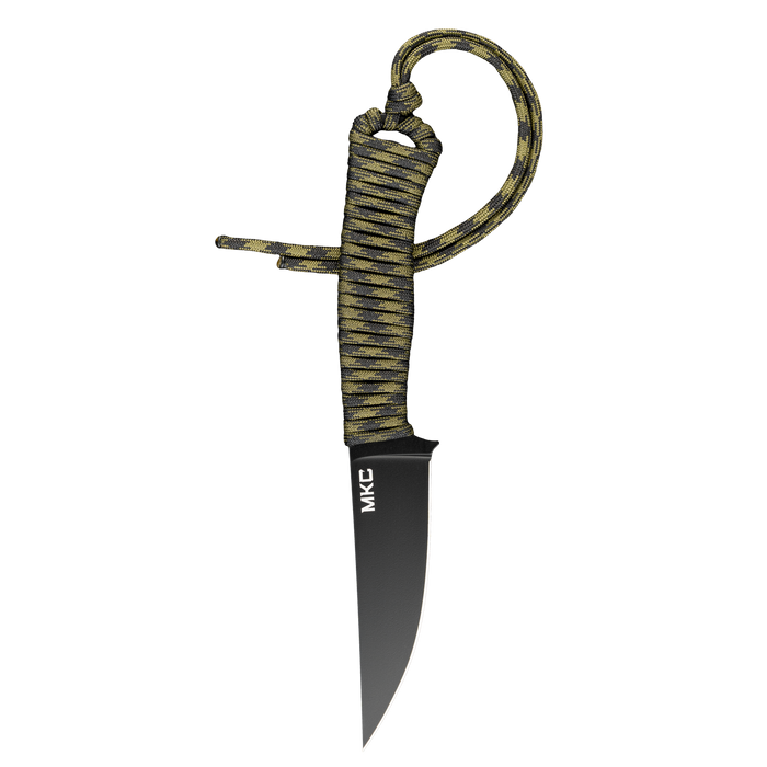 Tactical Speedgoat knife with a black blade and dark camo paracord handle, designed for outdoor and tactical use.