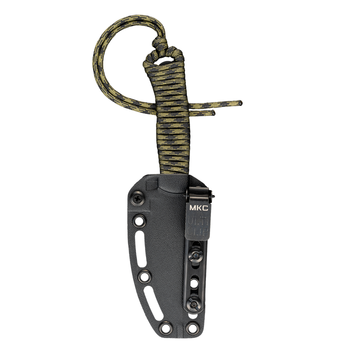 Tactical Speedgoat knife in black and dark camo with a durable sheath and paracord handle for outdoor use.