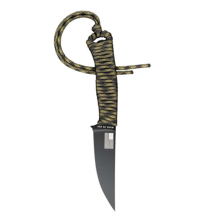 Tactical Speedgoat knife with a black blade and dark camo paracord handle, designed for outdoor and tactical use.