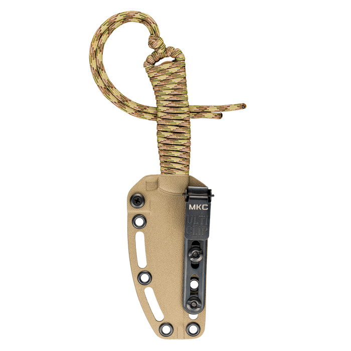 Tactical Speedgoat knife in coy/multicam sheath with paracord lanyard and MKC clip for secure carry.