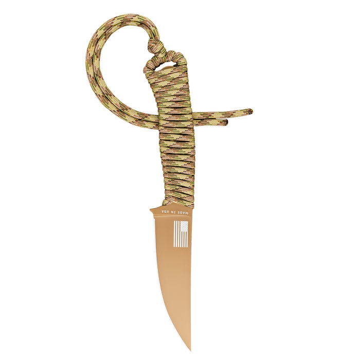 Tactical Speedgoat knife in Coy/Multicam with a durable blade and paracord handle, designed for outdoor and tactical use.