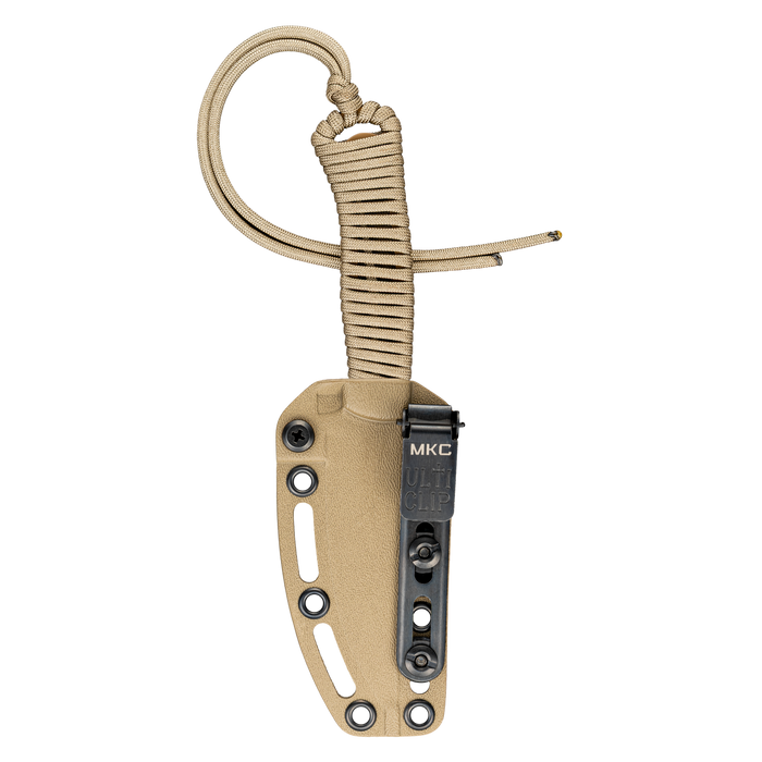Tactical Speedgoat knife in coy/olv color with a paracord handle and UltiClip sheath for secure carry.