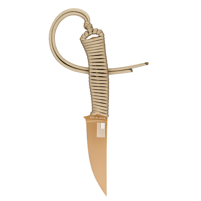 Tactical Speedgoat knife in coy/olv color with a paracord handle, designed for durability and outdoor use.