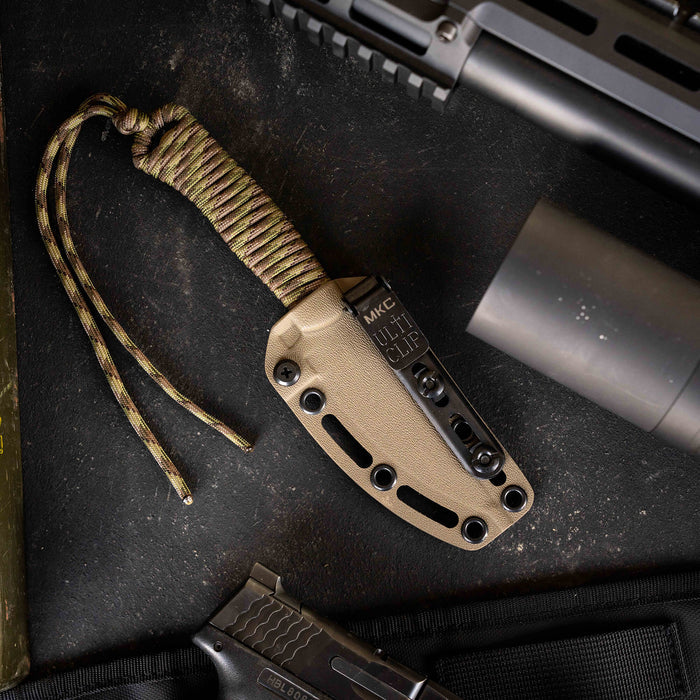 Tactical Speedgoat Kydex sheath in Flat Dark Earth color, featuring a durable design for secure knife storage.