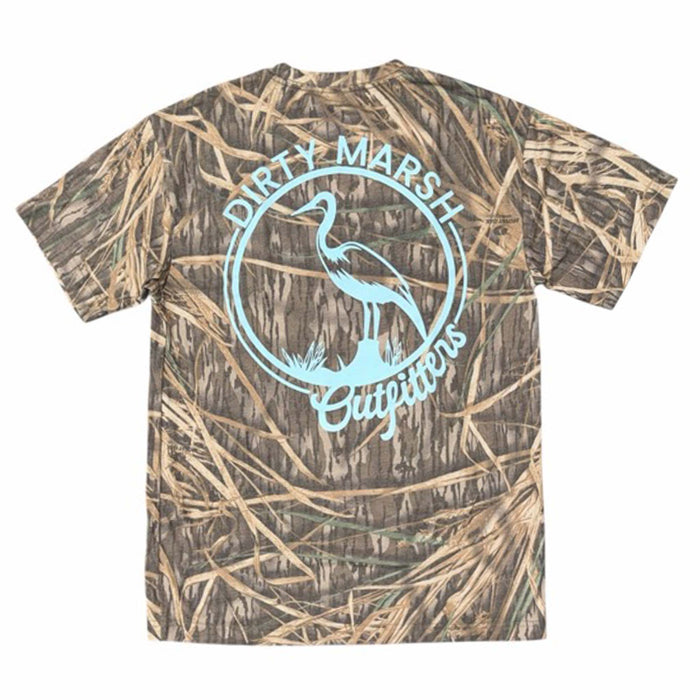Dirty Marsh Outfitters Shadow Grass camouflage short sleeve t-shirt with light blue heron logo graphic and circular Dirty Marsh Outfitters text printed on the back.